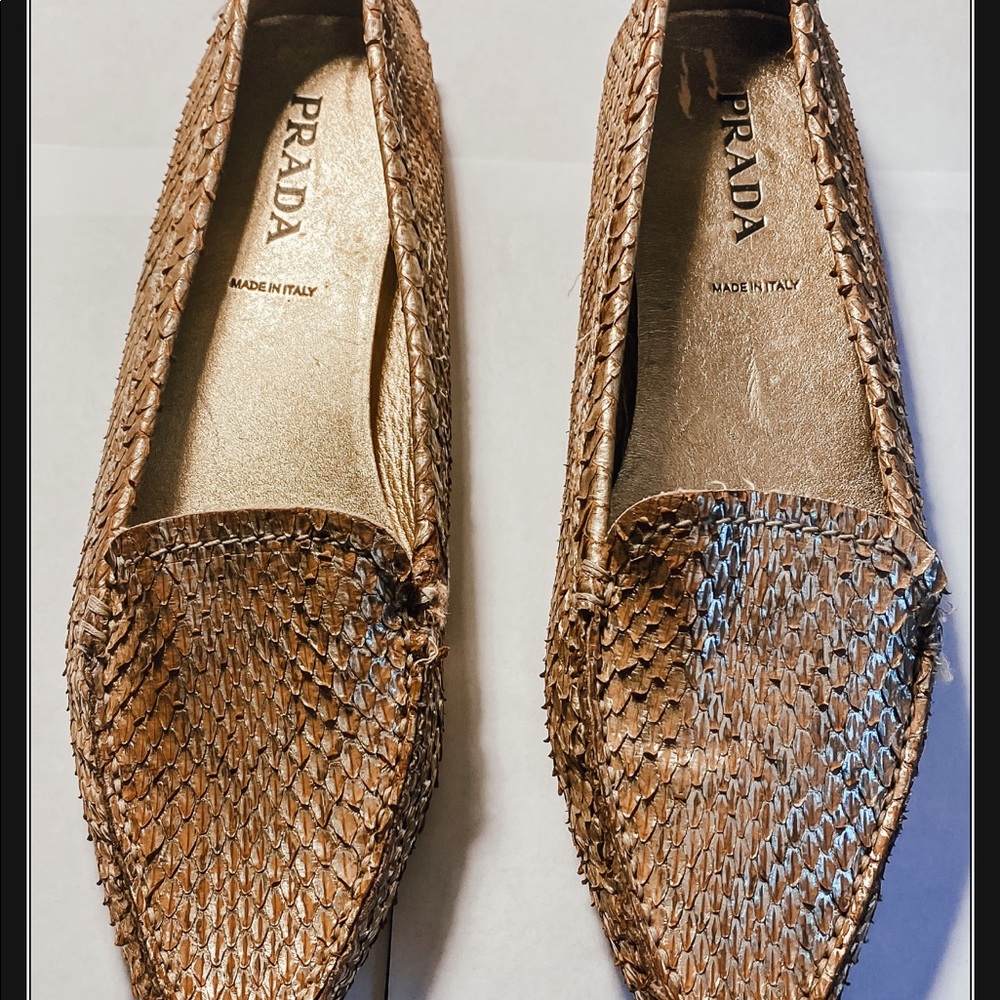 Prada snakeskin loafers gold